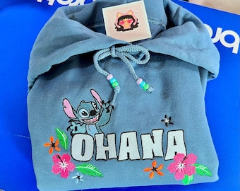 Lilo and Stitch Ohana Flowers Embroidered Adult Hoodies Crewnecks, Youth Sweatshirts, Full Chest Embroidery