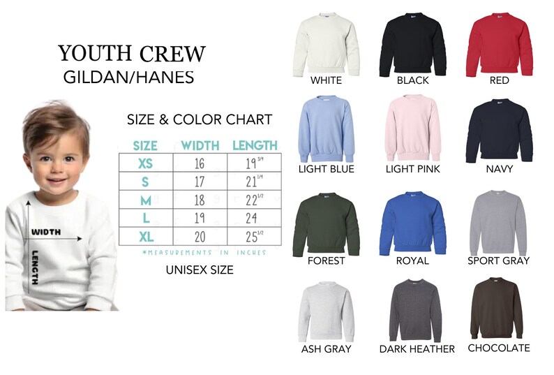 May include: Youth crew neck sweatshirt size chart with measurements in inches. The chart shows sizes XS to XL with corresponding width and length measurements. The chart is displayed next to a variety of color options for the sweatshirt, including white, black, red, light blue, light pink, navy, forest, royal, sport gray, ash gray, dark heather, and chocolate.