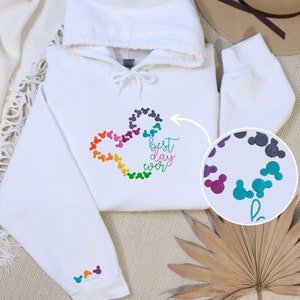Mickey Mouse Best Day Ever! Embroidered Adult Hoodies Crewnecks, Youth Sweatshirts, Full Chest w/ Sleeve Embroidery