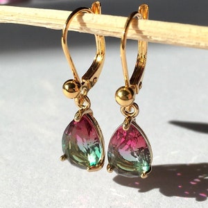 Watermelon Tourmaline Hydroquartz tiny pear shaped Drop earrings on lever back ear wires