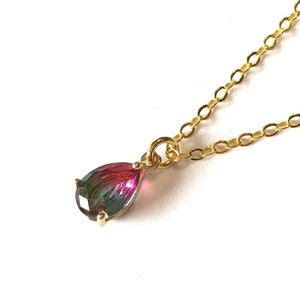 Petite Watermelon Tourmaline Hydroquartz pear cut pendant necklace 18"