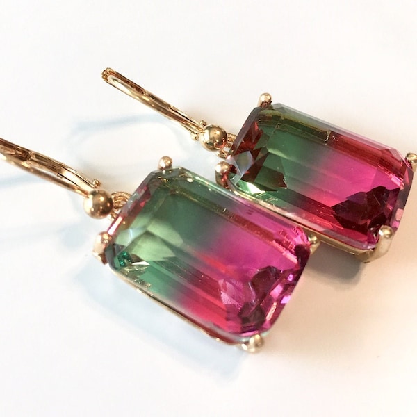 Earrings Ombre Watermelon Tourmaline Hydroquartz Emerald cut Drops