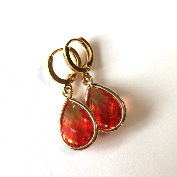 Earrings Ombre Fire Opal Hydroquartz faceted Drops with hoop leverback ear wires