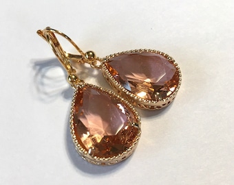 Earrings Peach Oregon Sunstone quartz drops in bezel setting on leverback earwires