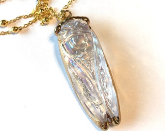 Long Layering Necklace Glass Cicada in Gold and auroraborealis coating angel aura