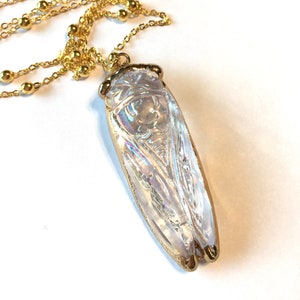 Long Layering Necklace Glass Cicada in Gold and auroraborealis coating angel aura