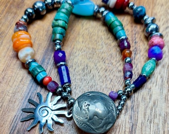 Turquoise Bracelet with real Buffalo head Nickel Button Closure double strand with mixed gemstones fits 7" wrist
