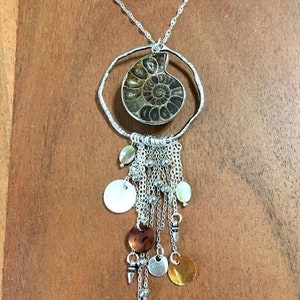 LONG Ammonite, abalone and shell Necklace