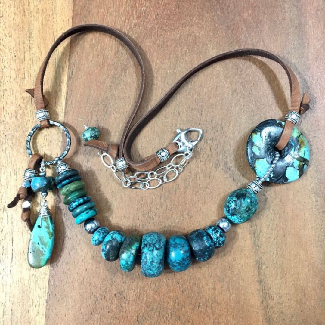 Real Turquoise Necklace on Leather Adjustable 22 to Etsy