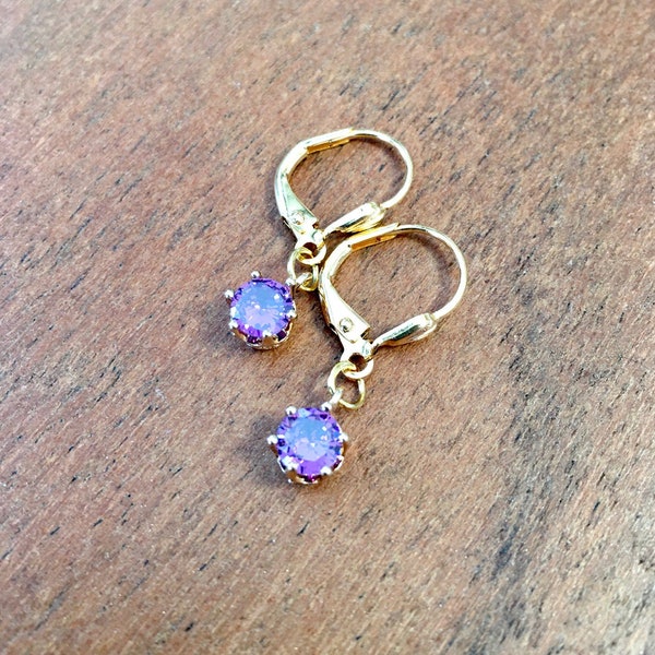 Earrings petite faceted Amethyst brilliant cut round stones classic simple dainty jewelry