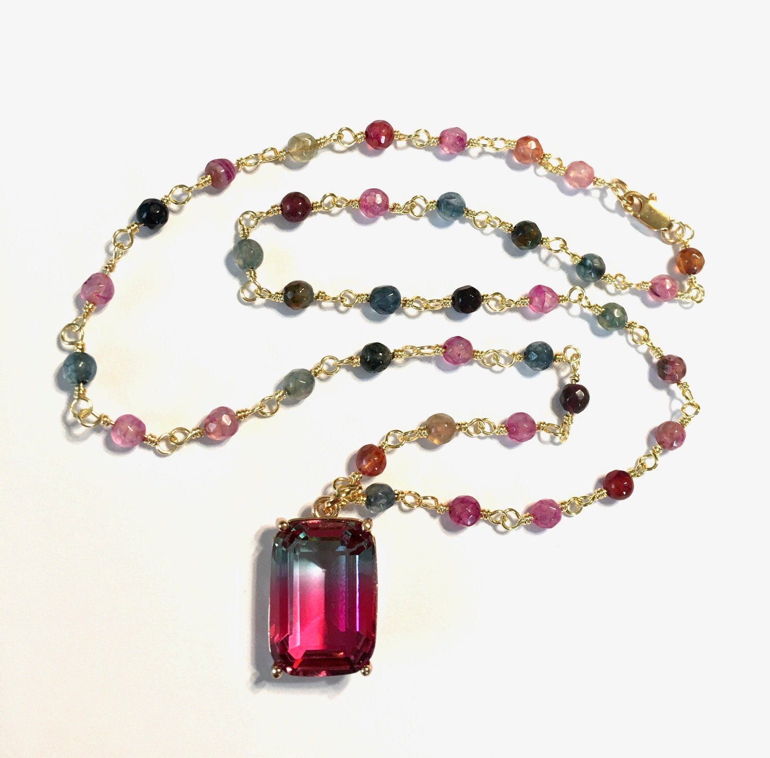 18"Necklace Ombre Watermelon Tourmaline Hydroquartz Emerald cut pendant on tourmaline agate rosary chain 18"