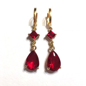 Earrings Ruby red Hydroquartz faceted Drops with hoop leverback ear wires