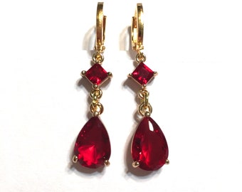 Earrings Ruby red Hydroquartz faceted Drops with hoop leverback ear wires