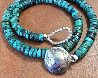 Real Turquoise 20" Necklace with Real Buffalo Nickel Button simple choker design premium turquoise 20"