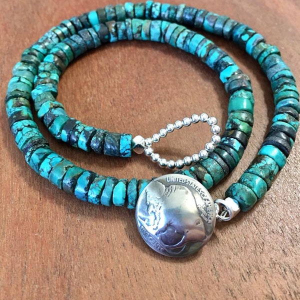 Real Turquoise 20" Necklace with Real Buffalo Nickel Button simple choker design premium turquoise 20"