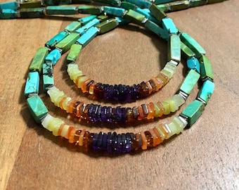 Real turquoise  22" necklace with a rainbow of gemstones Amethyst, Orange Garnet, Carnelian, Honey opal READ DESCRIPTION before ordering
