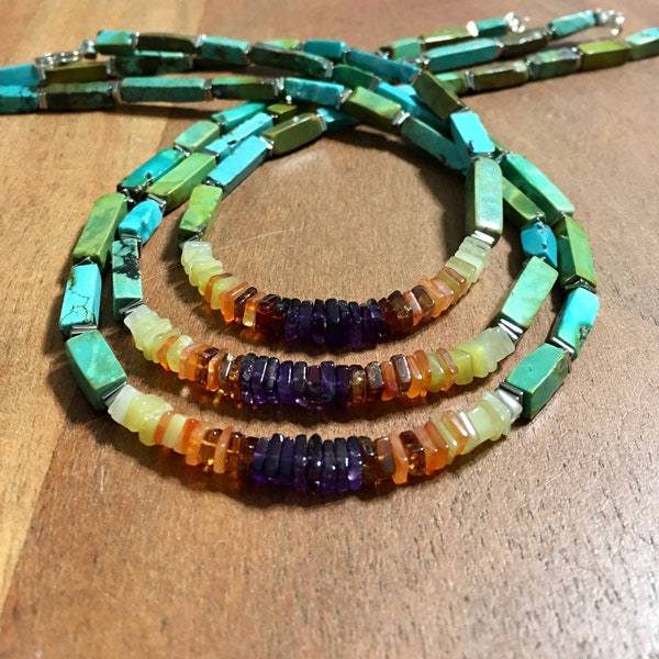 Real turquoise  22" necklace with a rainbow of gemstones Amethyst, Orange Garnet, Carnelian, Honey opal READ DESCRIPTION before ordering