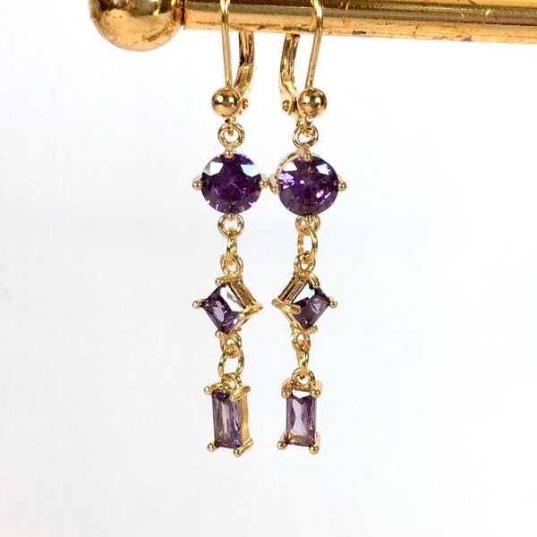 Earrings Purple Amethyst CZ triple drops on lever back ear wires