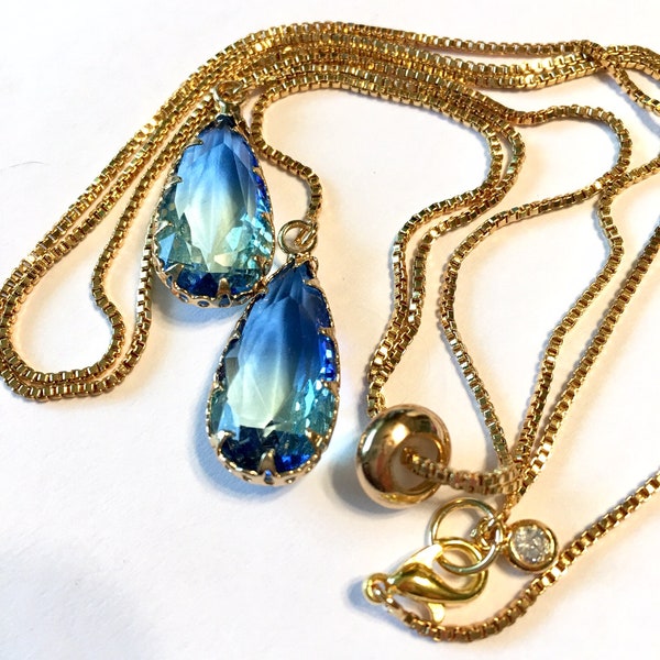 Long Lariat Necklace with Ombre Aquamarine Hydroquartz Drops