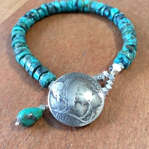 Real Turquoise Bracelet with real Buffalo Nickel Button Closure