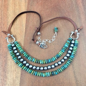 Real Turquoise Necklace on leather adjustable 19&quot; to 24&quot;