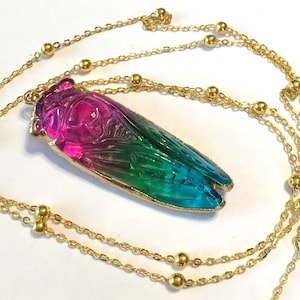 Long Layering Necklace Glass Cicada in Gold and ombre tri color tourmaline coating angel aura