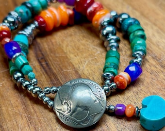 Turquoise Bracelet with real Buffalo head Nickel Button Closure double strand with mixed gemstones fits 7" wrist