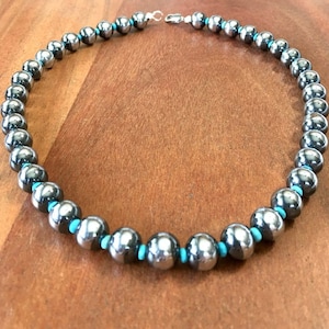 18&quot; Turquoise and Navajo style Pearls Necklace 18&quot;