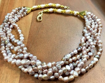 Real Pink Mauve Fresh Water Pearls 5 strand necklace natural color 24"