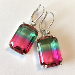 Earrings Ombre Watermelon Tourmaline Hydroquartz Emerald cut Drops in silver
