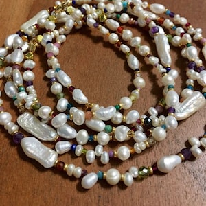 Fresh water PEARL and Gemstone necklace with rainbow color mix of delicate AAA grade gemstones 11 lengths to choose from