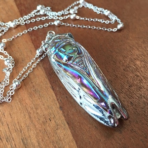 Long Layering Necklace Glass Cicada in Silver and auroraborealis coating angel aura