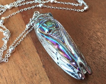 Long Layering Necklace Glass Cicada in Silver and auroraborealis coating angel aura