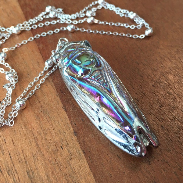 Long Layering Necklace Glass Cicada in Silver and auroraborealis coating angel aura