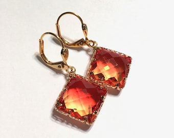 Earrings Ombre Fire Opal Hydroquartz faceted Drops with leverback ear wires