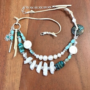 Double strand Necklace with Turquoise, Fresh water pearls, shiva shell, jasper adjustable 20&quot; to 24&quot;