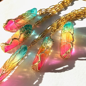 LAST ONE Raw Rainbow Aura Quartz Tree of Life wire wrapped Long Layering Necklace