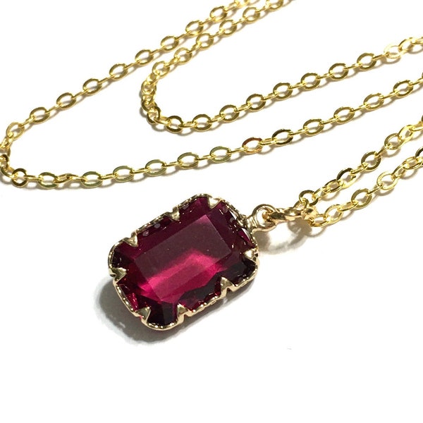 Rubelite quartz Emerald cut pendant necklace on a 22" chain