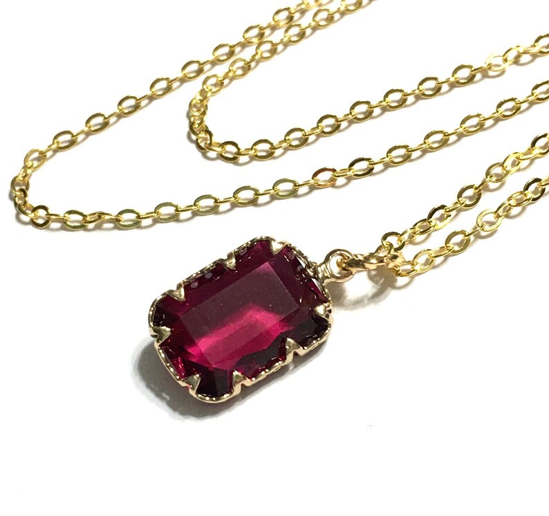 Rubelite quartz Emerald cut pendant necklace on a 22 chain image 1