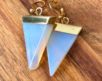 Long Modern Triangle Earrings Sea opal in Gold