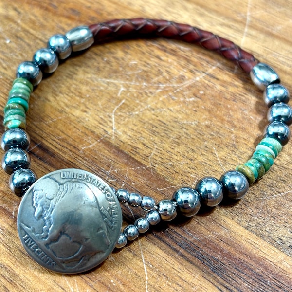 Real Turquoise and leather Bracelet with real Buffalo Nickel Button Closure and hematite Navajo style pearls 3 sizes available