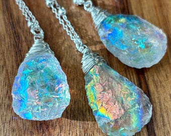 Raw Angel Aura Quartz Long Layering Necklace in silver