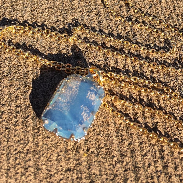 Blue Opalite Necklace in an emerald cut pendant on a 22" chain