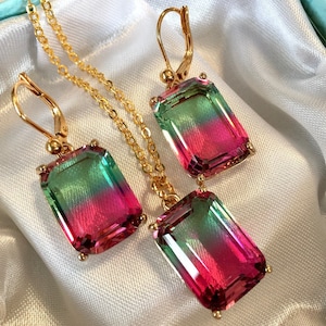 Watermelon Tourmaline Hydroquartz Necklace and Earrings Set