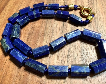 Necklace Large Faceted Tube Lapis nuggets