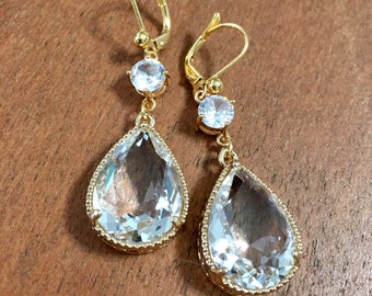 Earrings Clear quartz drops in bezel setting on lever back ear wires