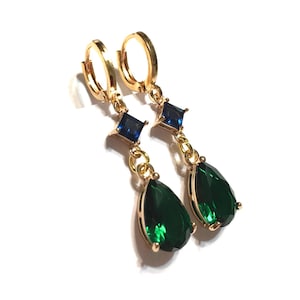 Earrings Emerald and Sapphire Hydroquartz faceted Drops with hoop leverback ear wires