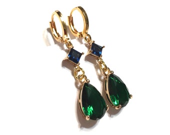 Earrings Emerald and Sapphire Hydroquartz faceted Drops with hoop leverback ear wires