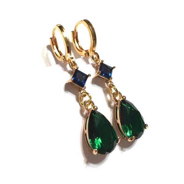 Earrings Emerald and Sapphire Hydroquartz faceted Drops with hoop leverback ear wires