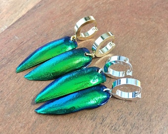 Real Elytra Beetle Wings on Huggie Hoop Earrings in electric green color you choose silver or gold